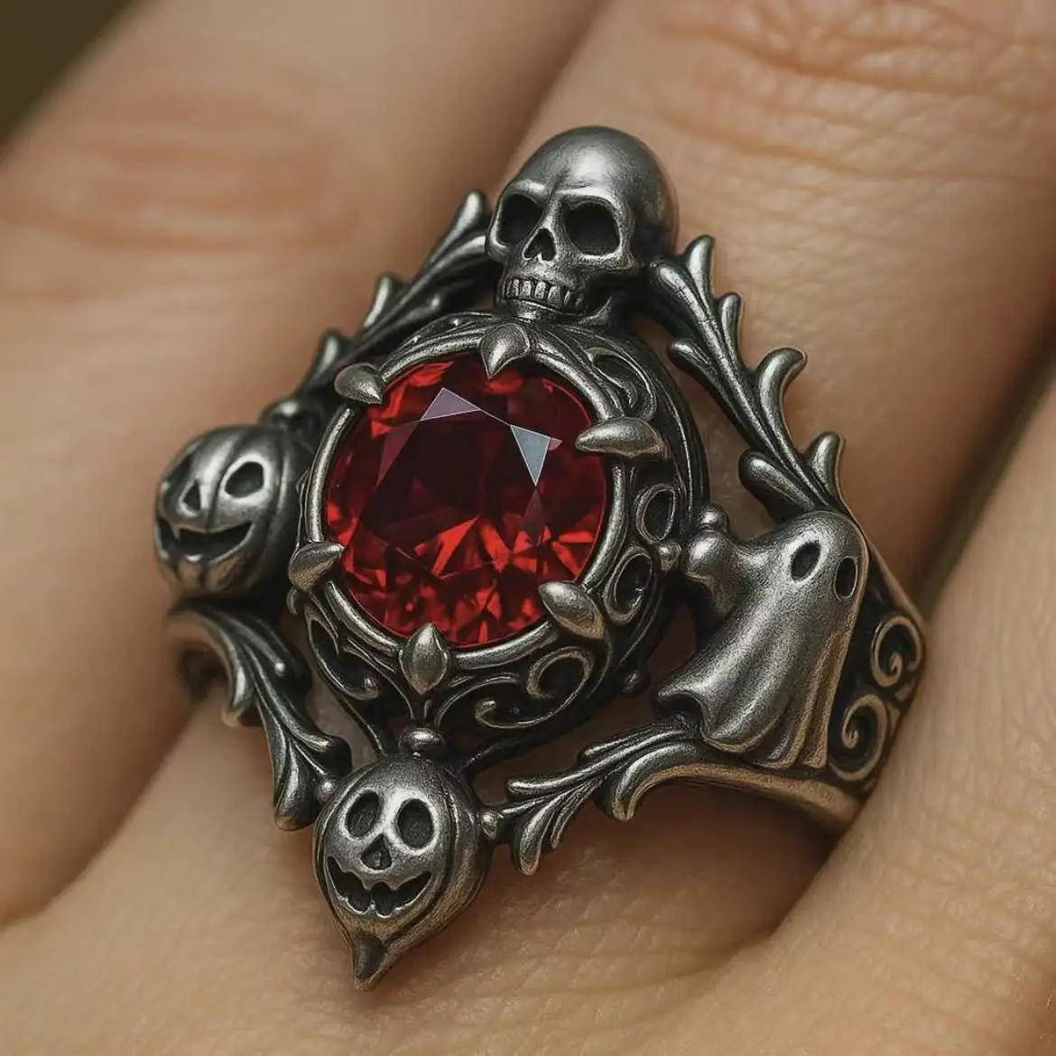 Halloween Gothic Skull Ring for Women Red Stone Pumpkin Ghost Design Vintage Silver Punk Statement Band Adjustable Jewelry Gift