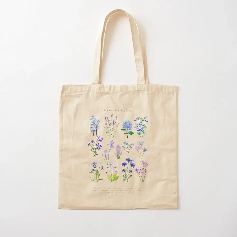 

hand painted blue and purple flower collection watercolor Tote Bag custom canvas bag canvas tote Portable shopping bag