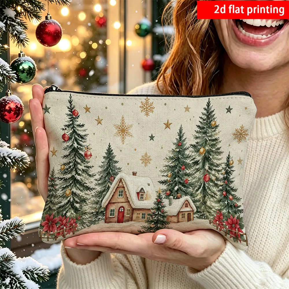 Retro Xmas Snow Cabin Xmas Tree Golden Snowflake Star Corduroy Makeup Pouch Portable Travel Cosmetic Zipper Toiletry Storage Bag
