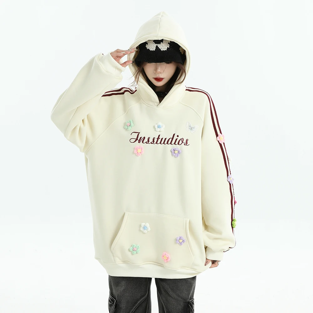 Autumn Winter Womwn Oversized Hoodie Warm Sweatshirt 3D Flowers Loose Casual Thicken Fleece Fashion Vintage Couple Hooded Tops