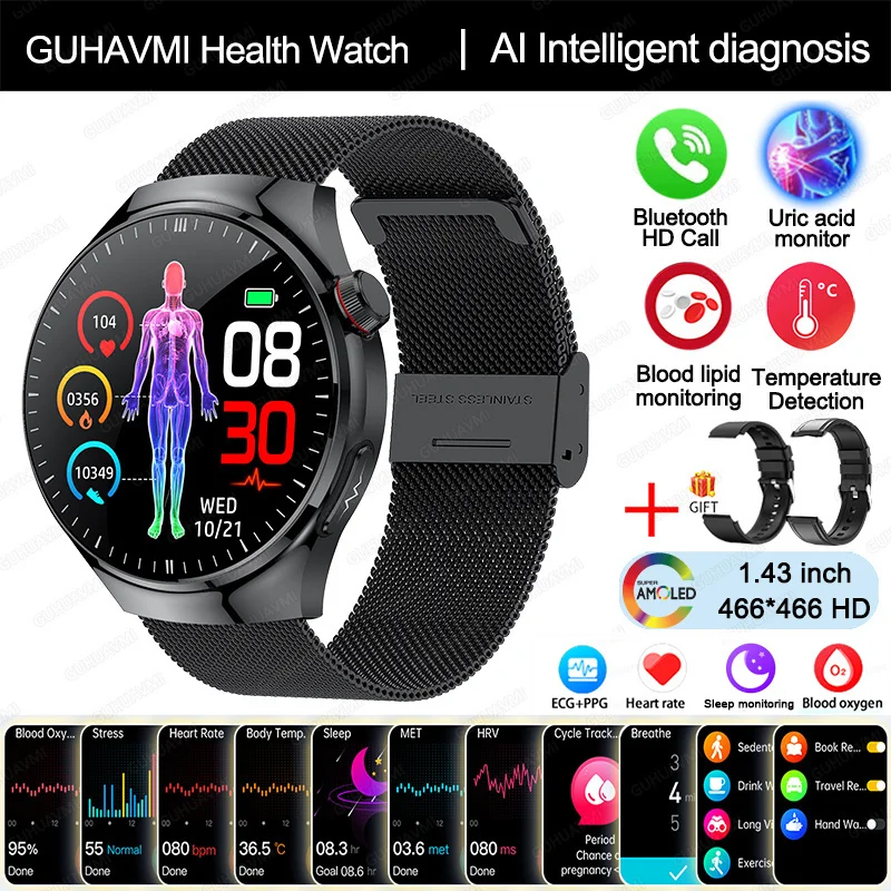 2025 Nieuwe slimme horloge van verpleegkwaliteit Bloedzuurstof Bloedlipide Urinezuur ECG + PPG Lichaamstemperatuur Bluetooth Oproep Gezondheid Smartwatch