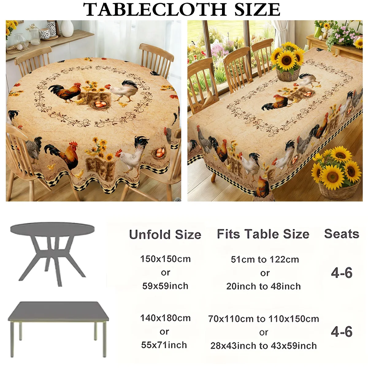 Farmhouse Rooster Tablecloth Round & Rectangular 4–6 People Durable Kitchen Dining Table Cover Sunflower Chicken Table Cloth