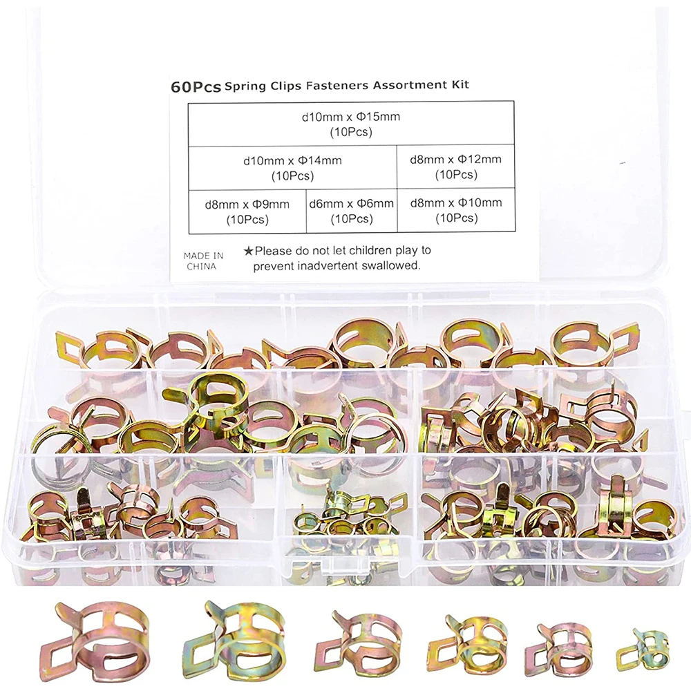 60Pcs Fuel Silicone Vacuum Hose Spring Band Type Action Pipe Clamp Low Pressure Air Clip Clamp SIZE: 6mm 9mm 10mm 12mm 14mm 15mm