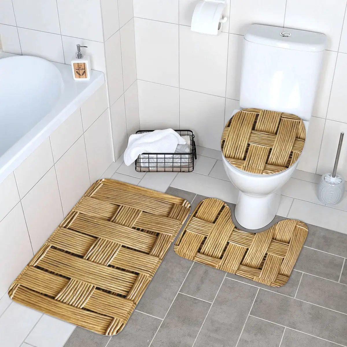 

Braided Rattan Wood Wicker (9) 3 Pcs Bath Mat Bathroom Set Toilet Lid Cover Home Decor Non-Slip Carpet Floor Rug