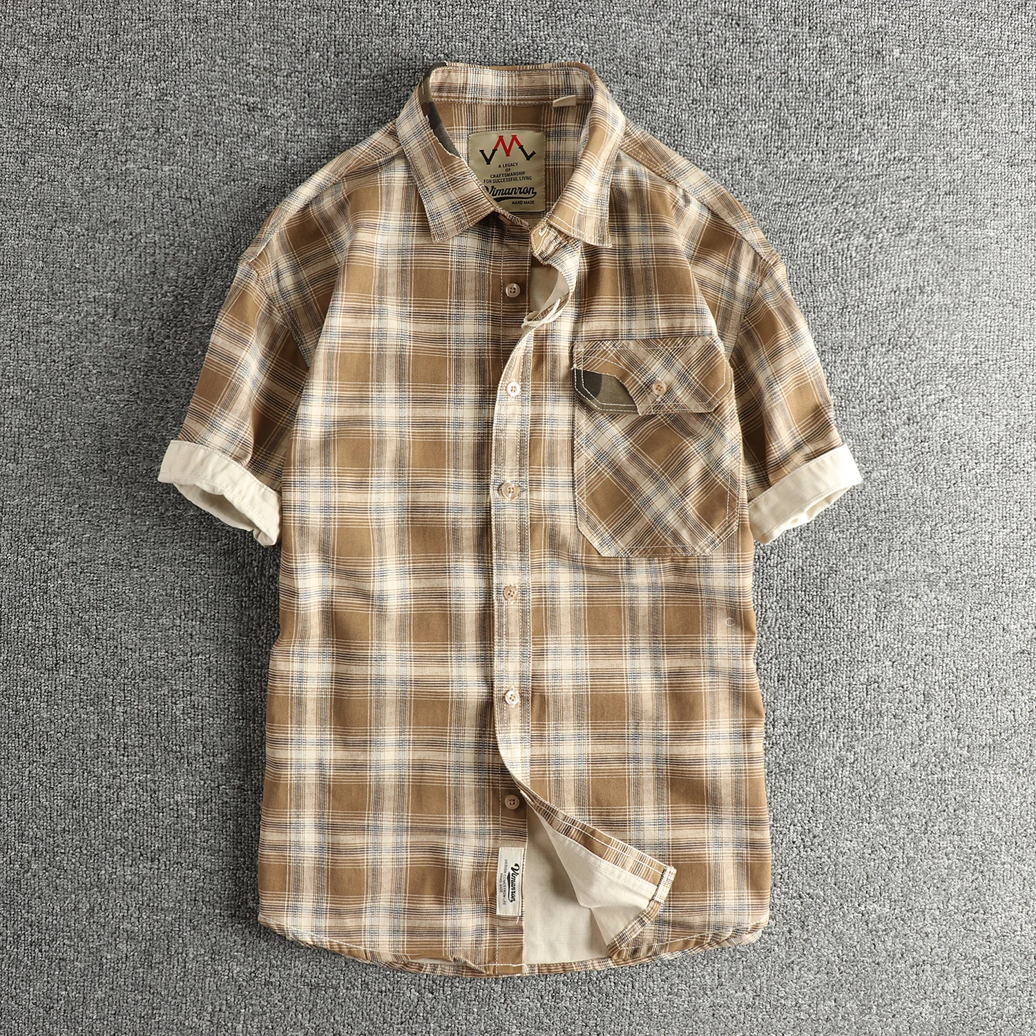 

2025 Summer New American Retro Short Sleeve Lapel Plaid Cargo Shirt Men's Simple 100% Cotton Washed Single Pocket Casual Blouses