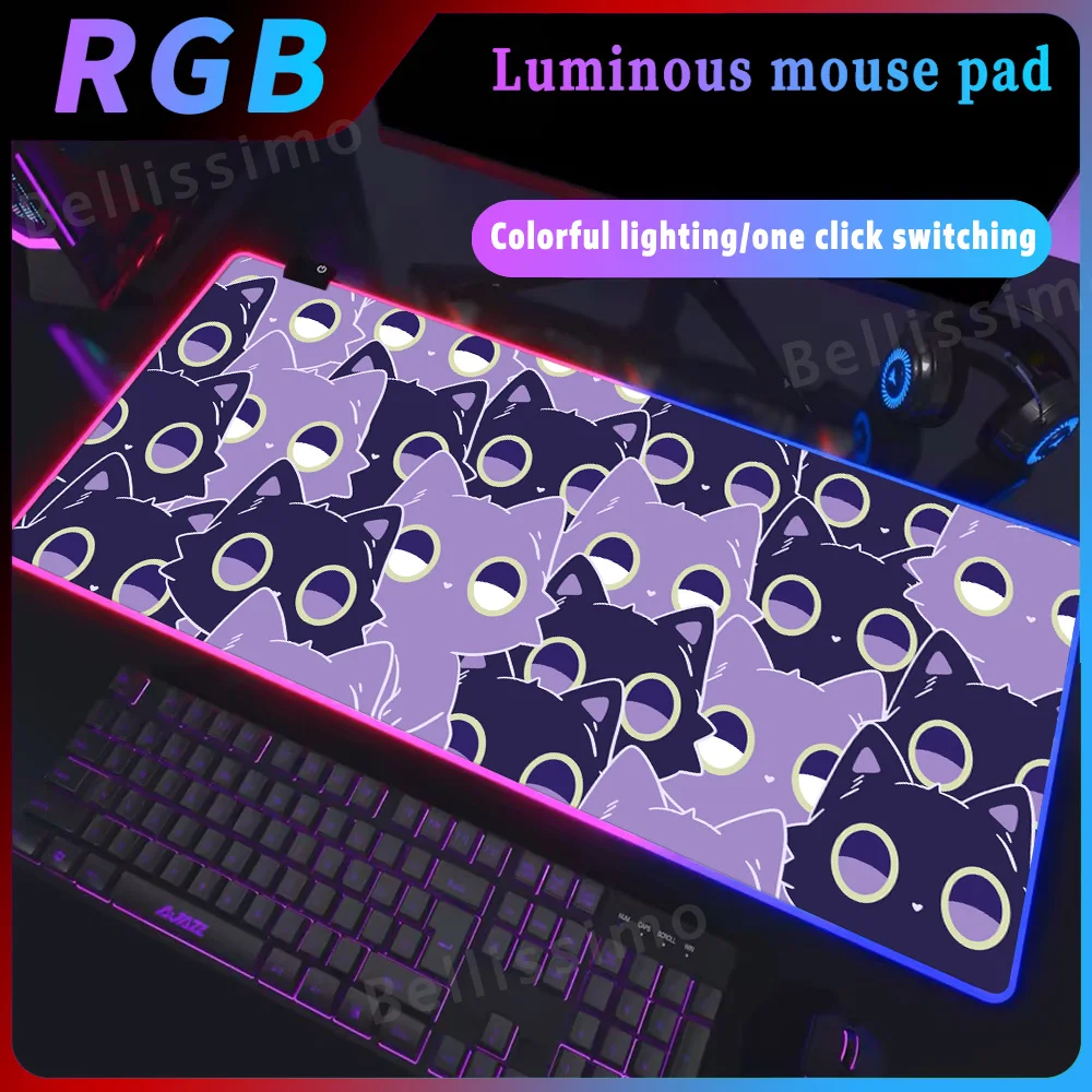 Anime Cute Black Cats Mouse Pad XXl Gaming Deskpad Aesthetic Pink Purple Cat Mousepad Pc Accessories Computer Extended Deskmat