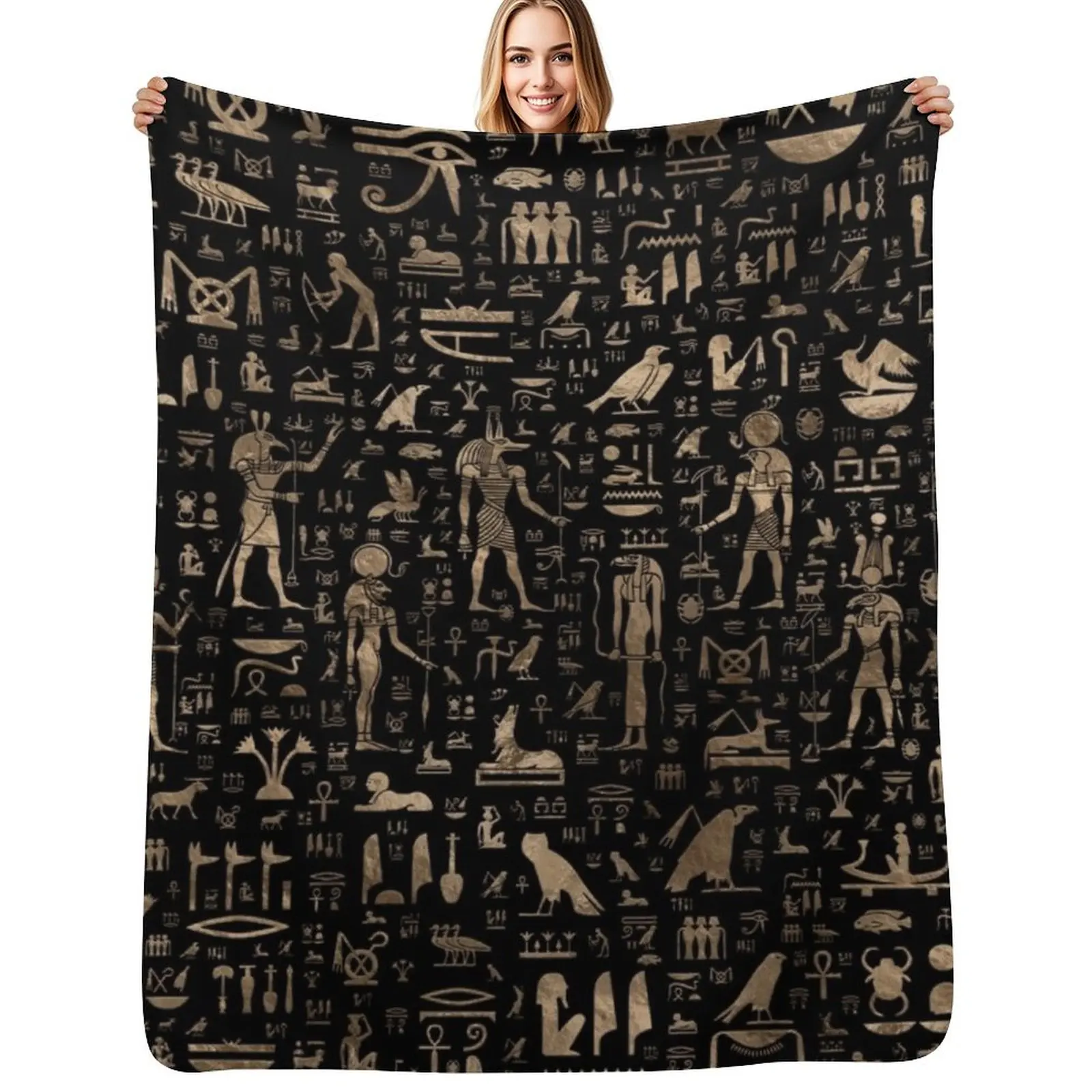 Ancient Egyptian Gods and hieroglyphs - Black and gold Throw Blanket Sofa Quilt Polar Personalized Gift Loose Camping Blankets