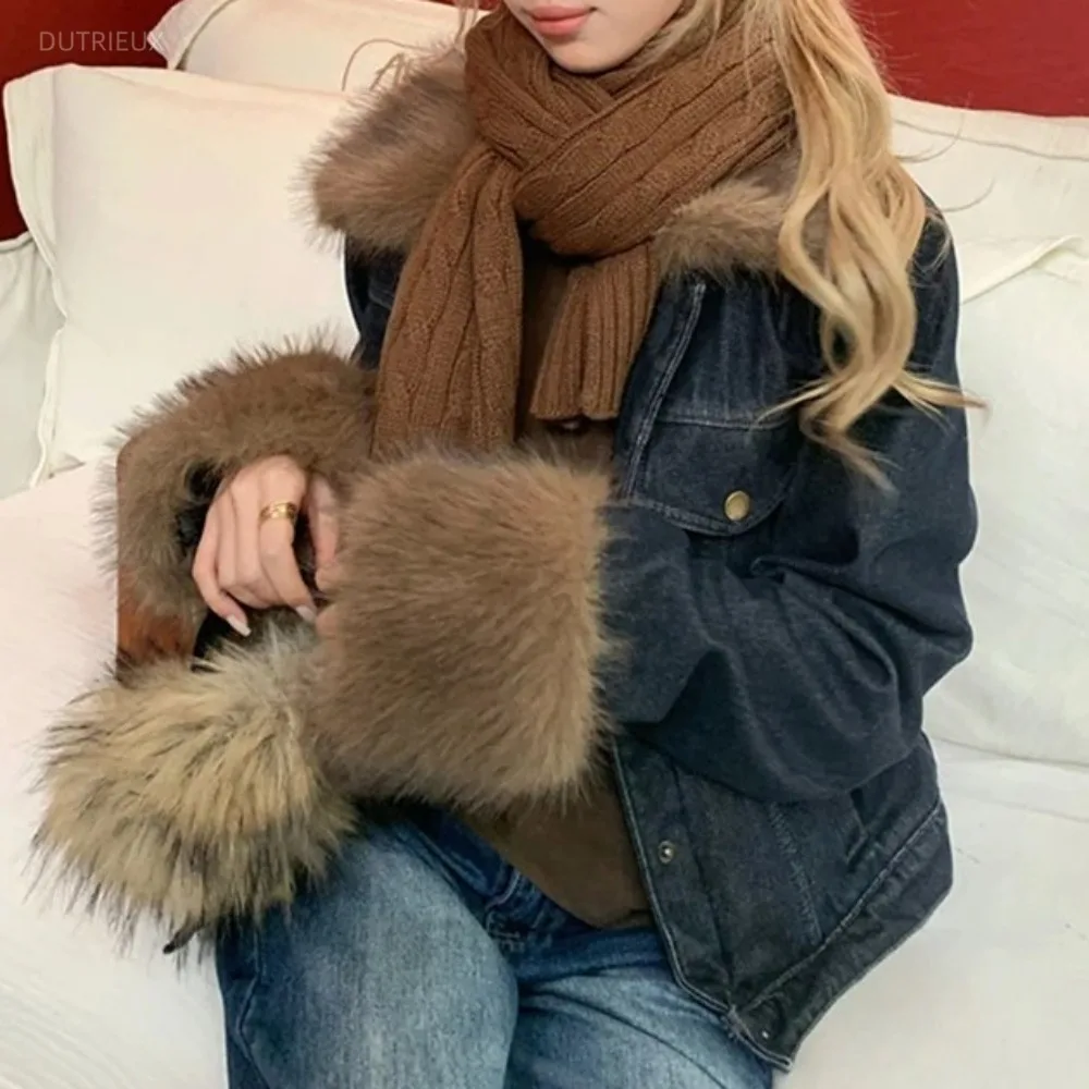 Fall Winter 2026 Fur Spliced Denim Woman Jacket Lapel Outerwears Y2K Streetwear Loose Clothes Casual Chaquetas De Mujer Jackets