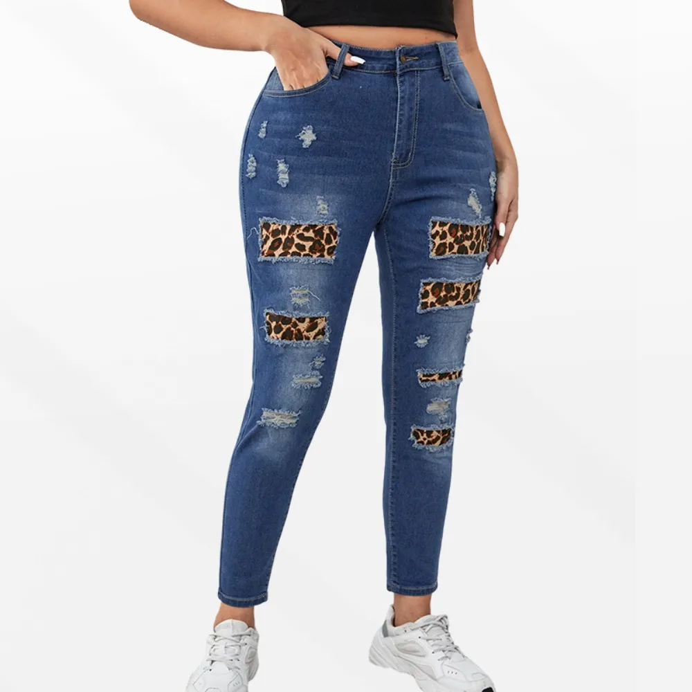 Women High Waisted Slimming Distressed Leopard Print Denim Pants  Autumn New Fashion Casual