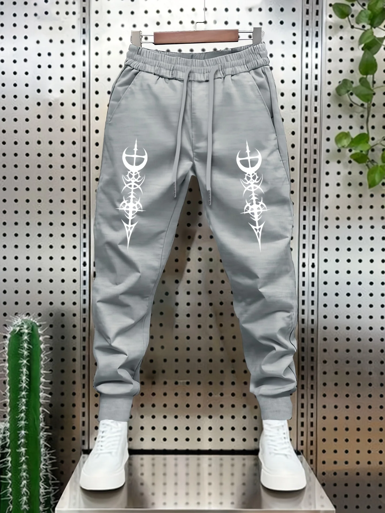 Occult‑vibe gothic thorn crescent totem graphic street‑style dual‑side sweatpants men hip hop sports jogger trousers