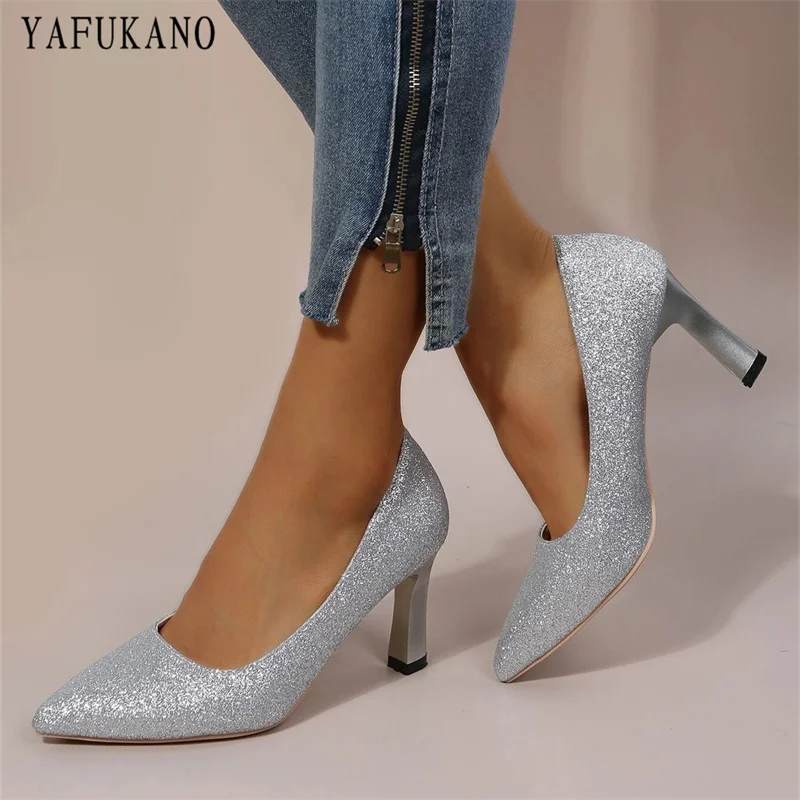 Glitter Point Toe Court Pumps Gold Silver Party Wedding Shoes Women High Heels Fashion Small Thick Heel Comfort Bridal Shoes 33