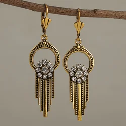 Ethnic Round White Stone Earrings Vintage Originality Metal Geometry Carving Pattern Dangle Earrings for Women