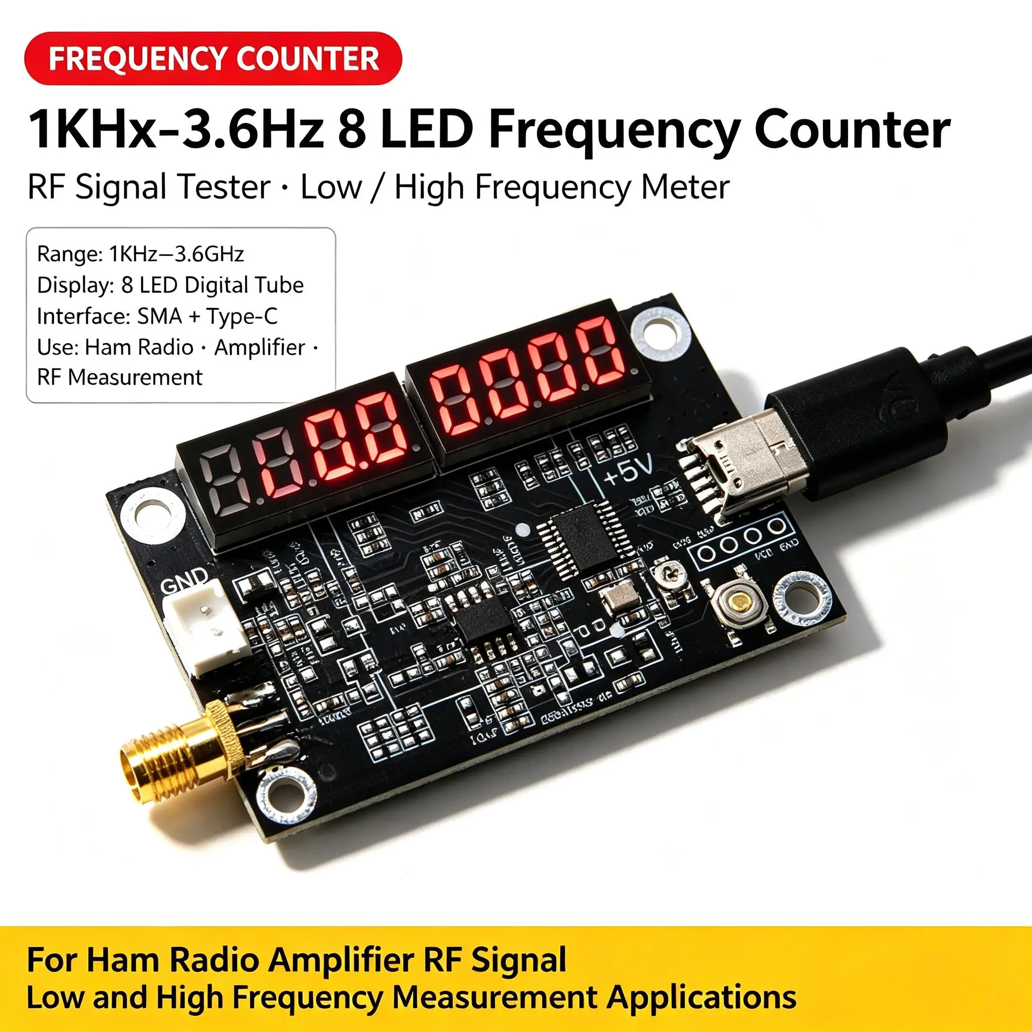 DYKB 1KHz-3.6GHz Frequency Counter Cymometer 8LED RF Signal Tester Low High Meter Display Measurement Ham Radio Amp Analyzer