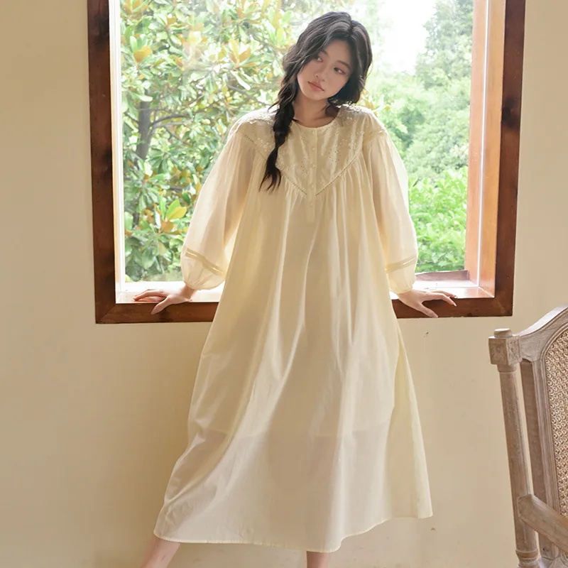 

Women Spring Autumn Full Sleeves Nightdress Simple Round Neck Loose Sleepwear Nightgowns 100% Cotton Plus Size Long Nightie New