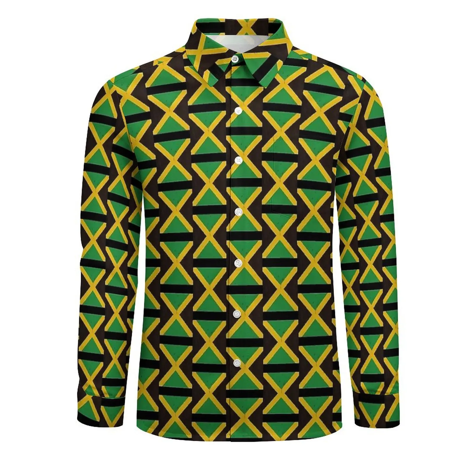 Men's Shirt Jamaican Flag Casual Shirts Long Sleeve Green Yellow Breathable Blouse Autumn Cool Custom Oversized Clothing