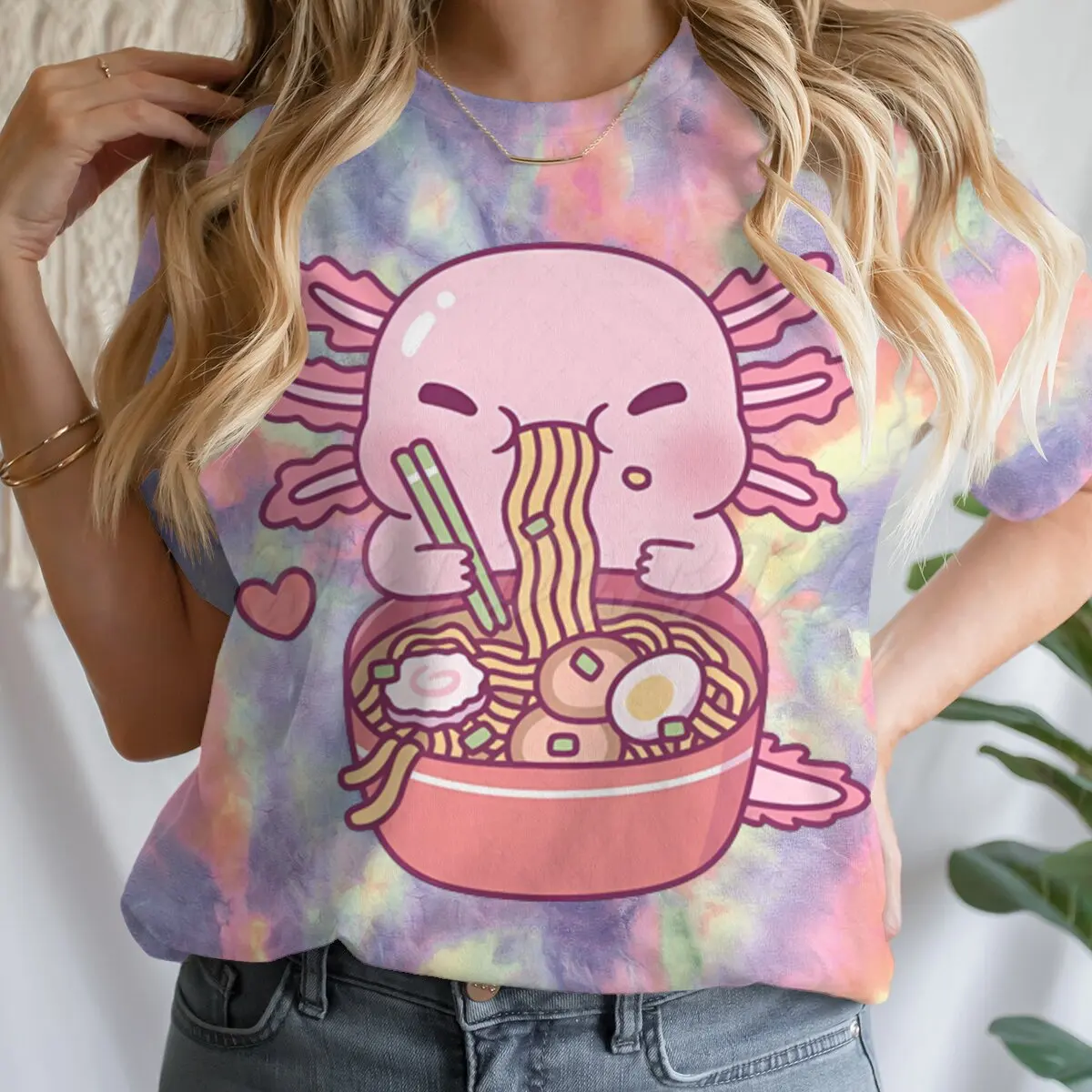 Axolotl Eating Ramen Women's Clothing Noodles Lover Short Sleeve T-shirt Axolotl Lover Gift Kawaii Clothes Cute Animal Gift Tops