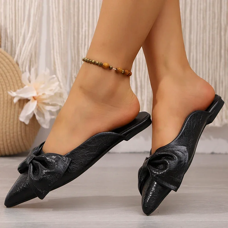 الذهب والفضة ربطة الصنادل المسطحة للنساء لامعة بولي Leather الجلود أشار تو أحذية مكتب حجم كبير الصيف الراحة عدم الانزلاق النعال