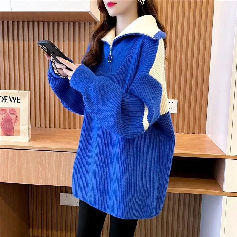 DAYIFUN-Autumn Winter Sweaters Women,2023 New,Lapel,Jumpers,Color Matching Design,Knitted Pullovers,Lady,Loose,Medium Length Top