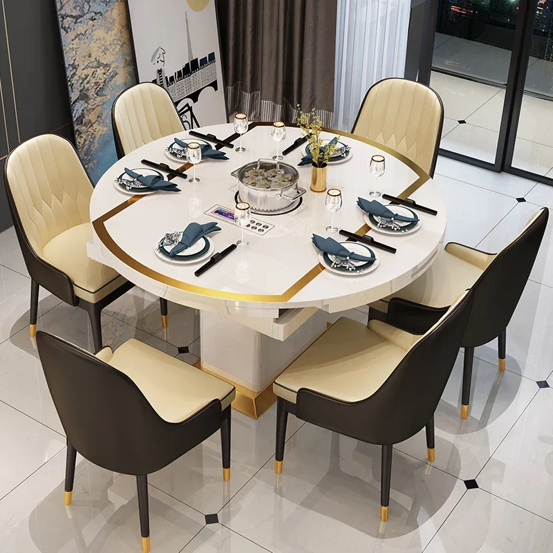 

Indoor Modern Folding Table Induction Cooker Round Dining Table Chairs Turntable Restaurant Apartment Black Muebles Furniture