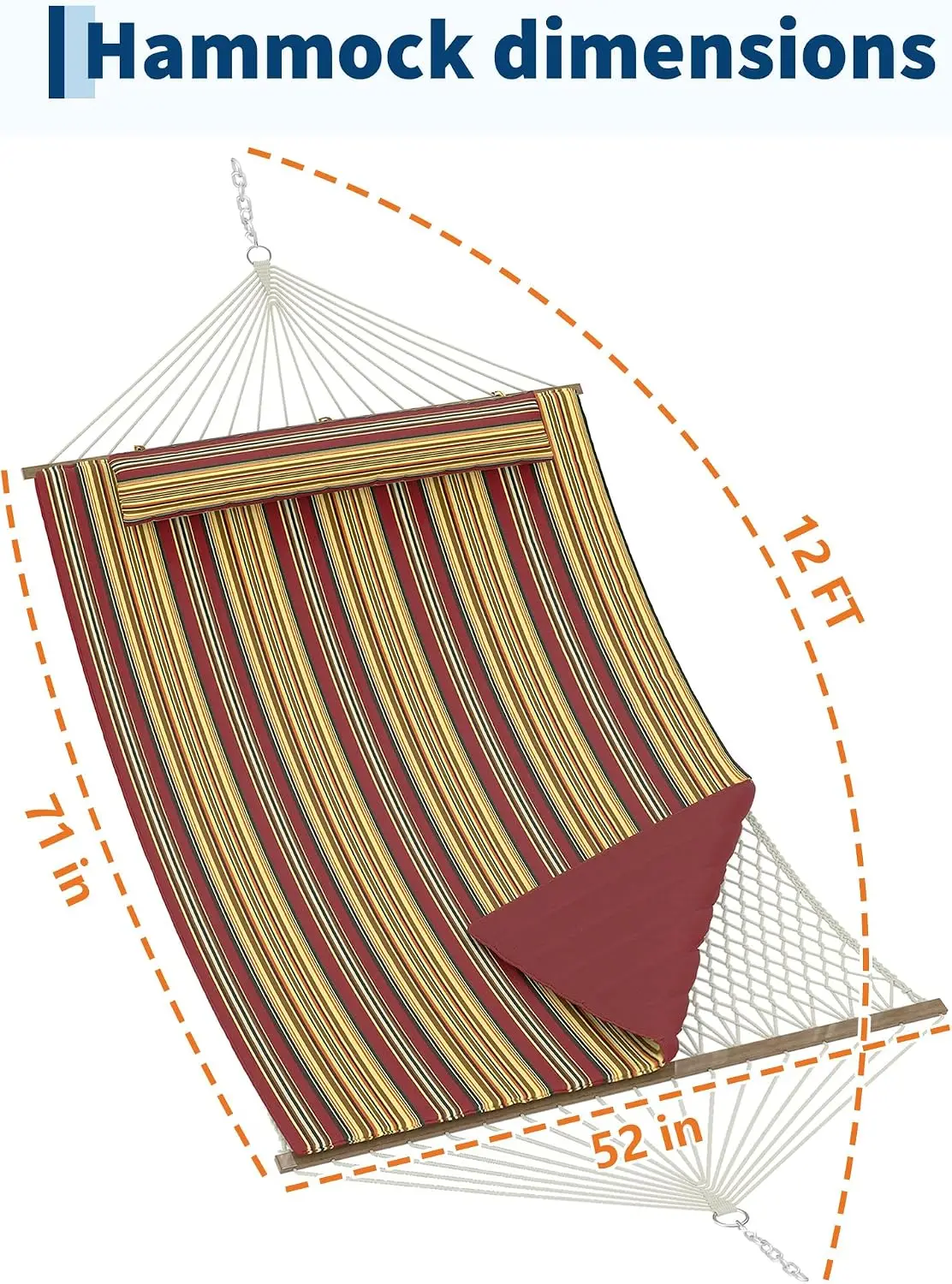 Tacleekii Double Quilted 2 Person Hammock 12FT Outdoor Freestanding Garden Hammock, Wooden Spreader Bar, Removable Pillow, Storage Pocket, 450lbs Capacity, Cotton Rope & Padded Polyester