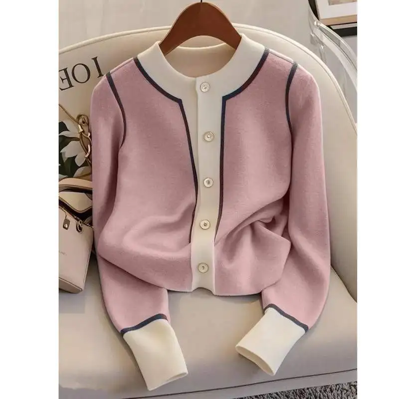 Autumn 2025 Women's Blue Knitted Top mat High-End Sle Trendy Small irt Polyester Fiber Long Sve Regular Fit