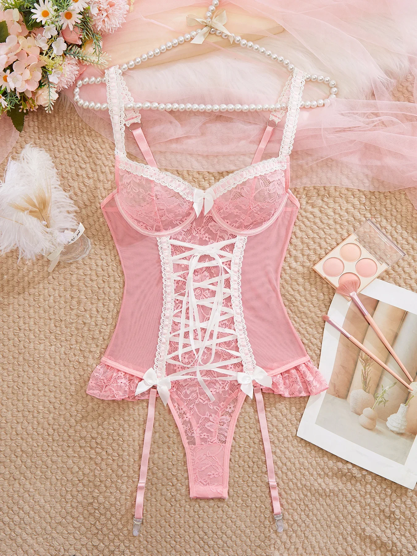 긴 스타킹이있는 멋진 레이스 바디 슈트 레이스 업 Onlyfan 바디 슈트 Girly Pink Sexy Dames Sexy Top Sissy Lingerie