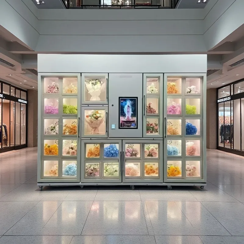 OEM customized vending machines for beverages, snacks, burgers, pizzas, fries, protein, perfumes, flowers, and export worldwide
