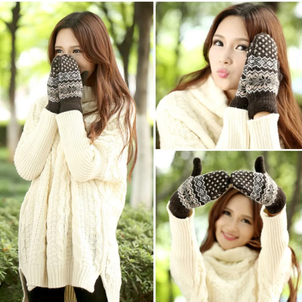 Knitted Winter Gloves Warm Full Finger Touch Screen Gloves Touchable Screen Snowflake Windproof Cold Proof Gloves