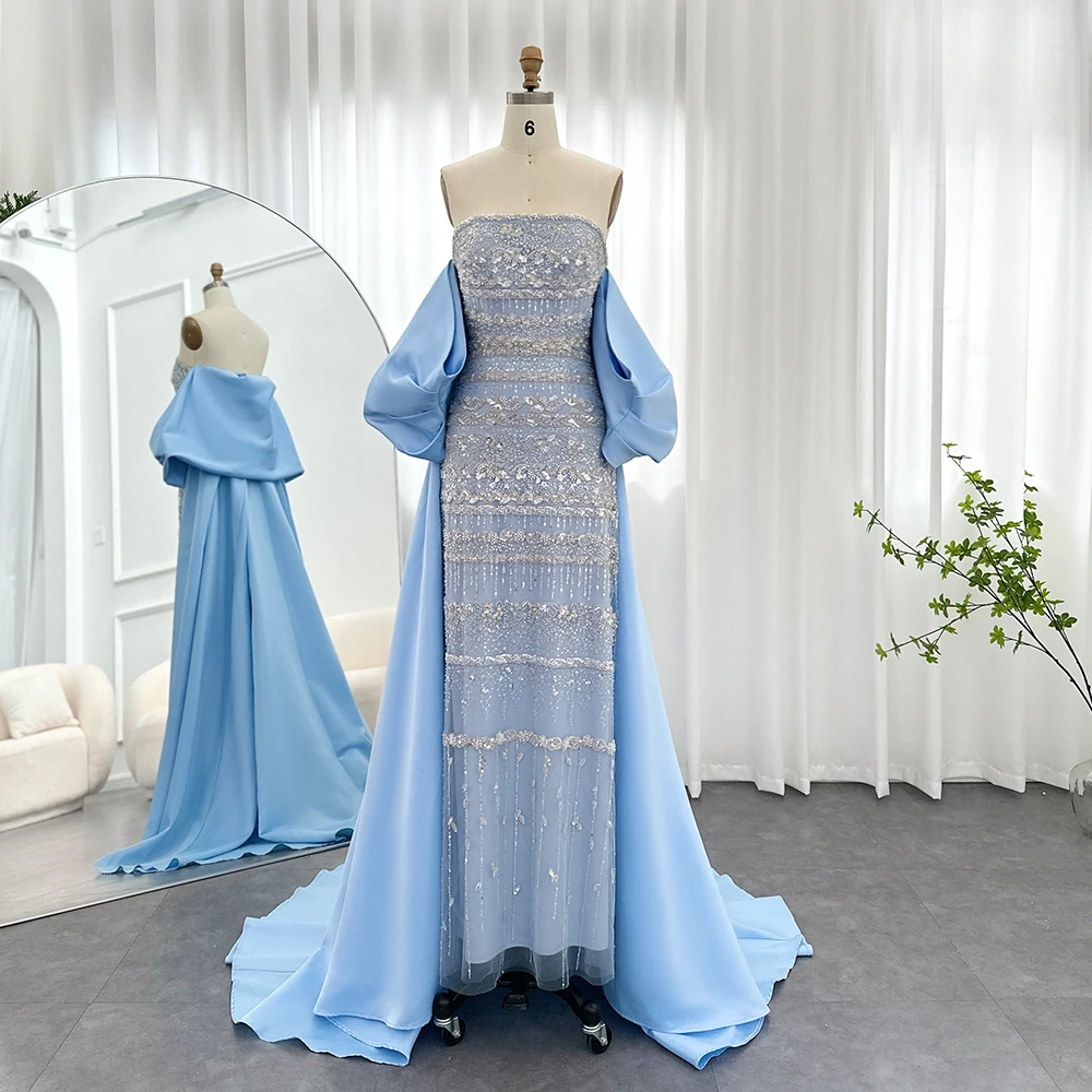 Luxury Jancember Sage Green Evening Dresses With Cape 2024 Arabic Blue Beaded Elegant Women Wedding Party Gowns Scz147