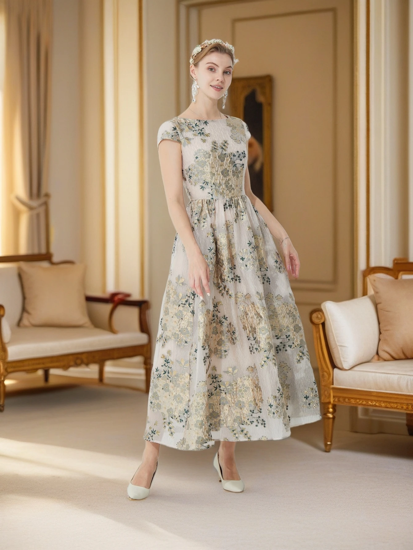 French Retro Formal Dress Jacquard Waist-Cinching Full-Skirt Long Gown - Luxury Celebrity Style Evening Banquet Elegant Dress
