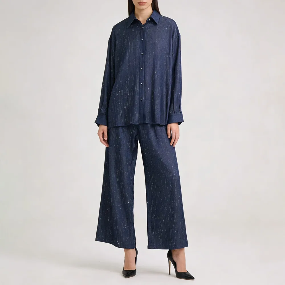 TWOTWINSTYLE الأزرق تقسم واحدة الصدر قطعتين مجموعة الإناث التلبيب كم طويل قميص عادية كسول المرأة فستان أطفال مع سروال داخلي الخريف جديد #2