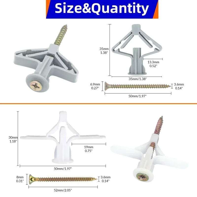 100pcs Drywall Anchor Kit Aircraft Type Expansion Pipe Gypsum Board Expansion Plug Butterfly Shaped Hollow Wall Expansion Nail