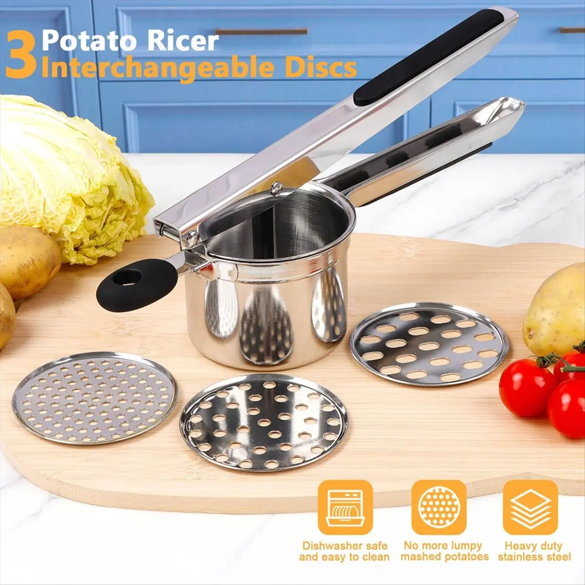 Potato Ricer with 4 Discs, Heavy Duty Stainless Steel Potato Masher and Ricer for Mashed Potatoes Tool, Lemon Squeezer