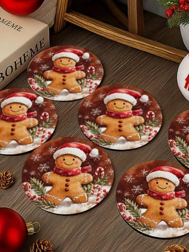 12/6 Pieces of Randomly Assorted 2D Flat Non-Slip Red and Brown Christmas Wooden Coasters, Round Heat-Resistant Mats, Suitable for Kitchen, Dining Room, Holiday Decorations - Gingerbread Man and Candy Cane Designs, with Snowflakes and Holly, Holiday Gingerbread Cookie Patterns, Durable and Easy-To-Clean Coasters, Suitable for Home, Office, and Party Use - Ideal Christmas Gift Set (6 Coasters), Christmas Decorations