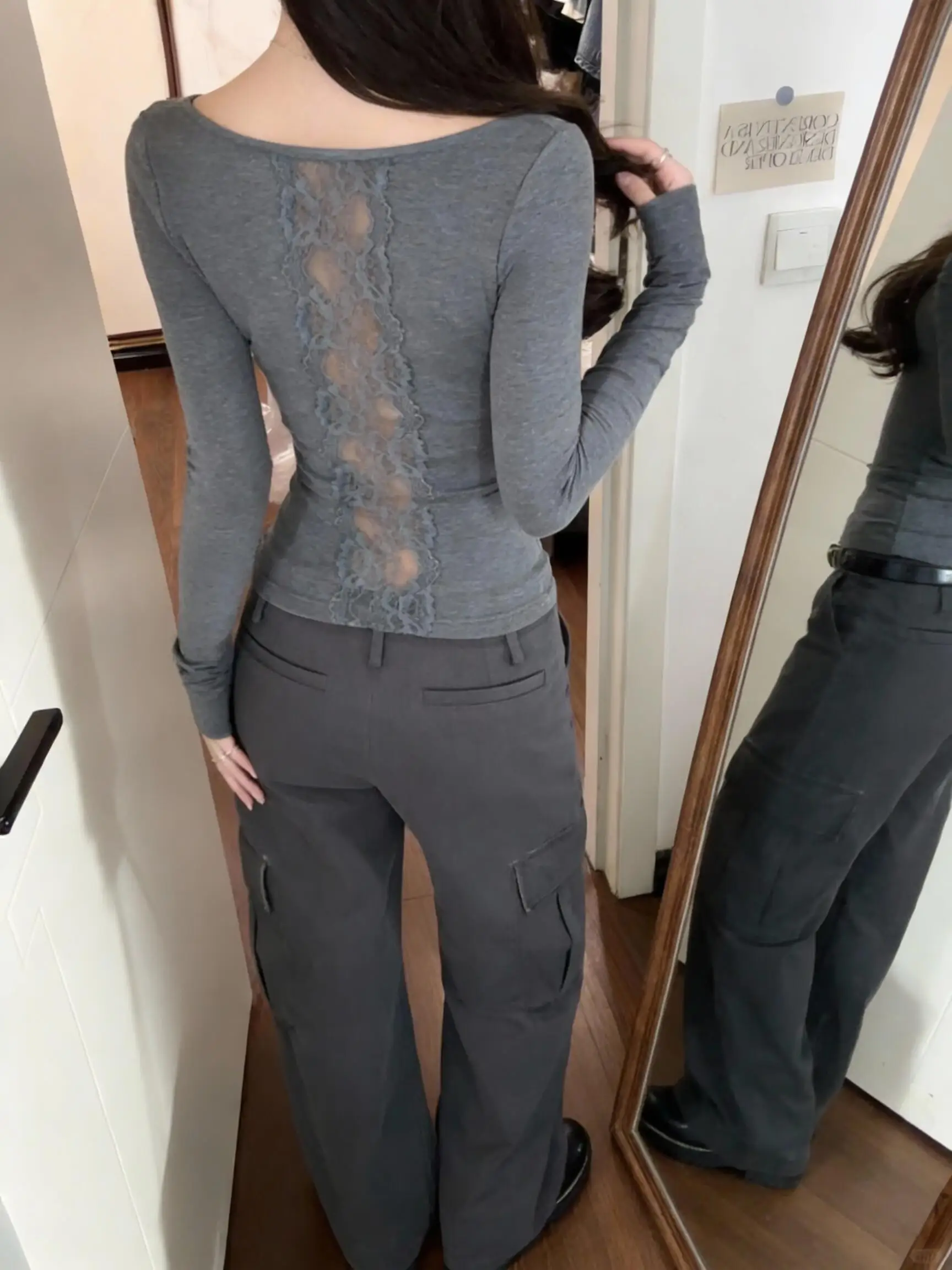 아메리칸 슬레 롱 슬리브 레이스 패치워크 티셔츠 여성용 초봄 BM 슬림핏 이너웨어 싱글 숄더 탑 시 워크