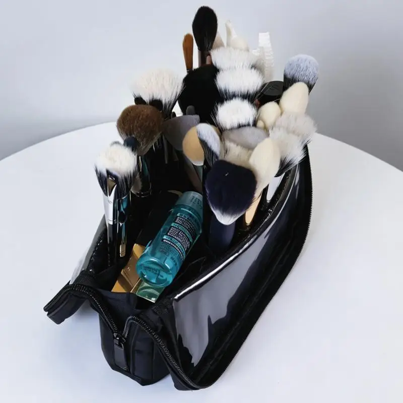 Foldable Stand-up Makeup Brushes Storage Bag with Adjustable Dividers Lightweight Cosmetic Organizer for Weekend Getaway