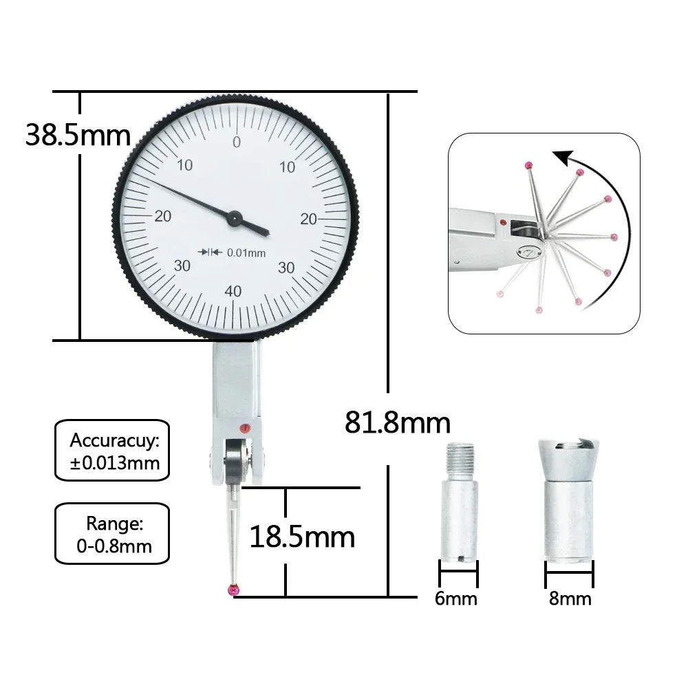 Dial Test Indicator Gauge With Red Jewel 0-0.8 mm Dial Test 0.01 mm Dial Indicator Gauge Measuring Tool