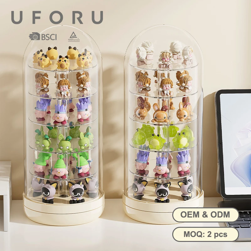 UFORU Home Blind Box Display Organizer, Multi-Layer Rotating Transparent Large Capacity Desktop Figurine Shelf with Cover