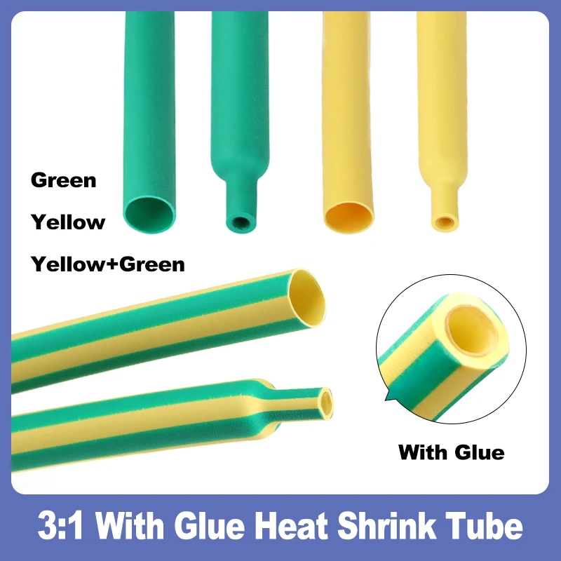 

Yellow/Green 3:1 Dual Wall With Glue Heat Shrink Tube 1.6mm ~ 39mm Polyolefin Insulated Adhesive Lined Shrinkable Cable Sleeve