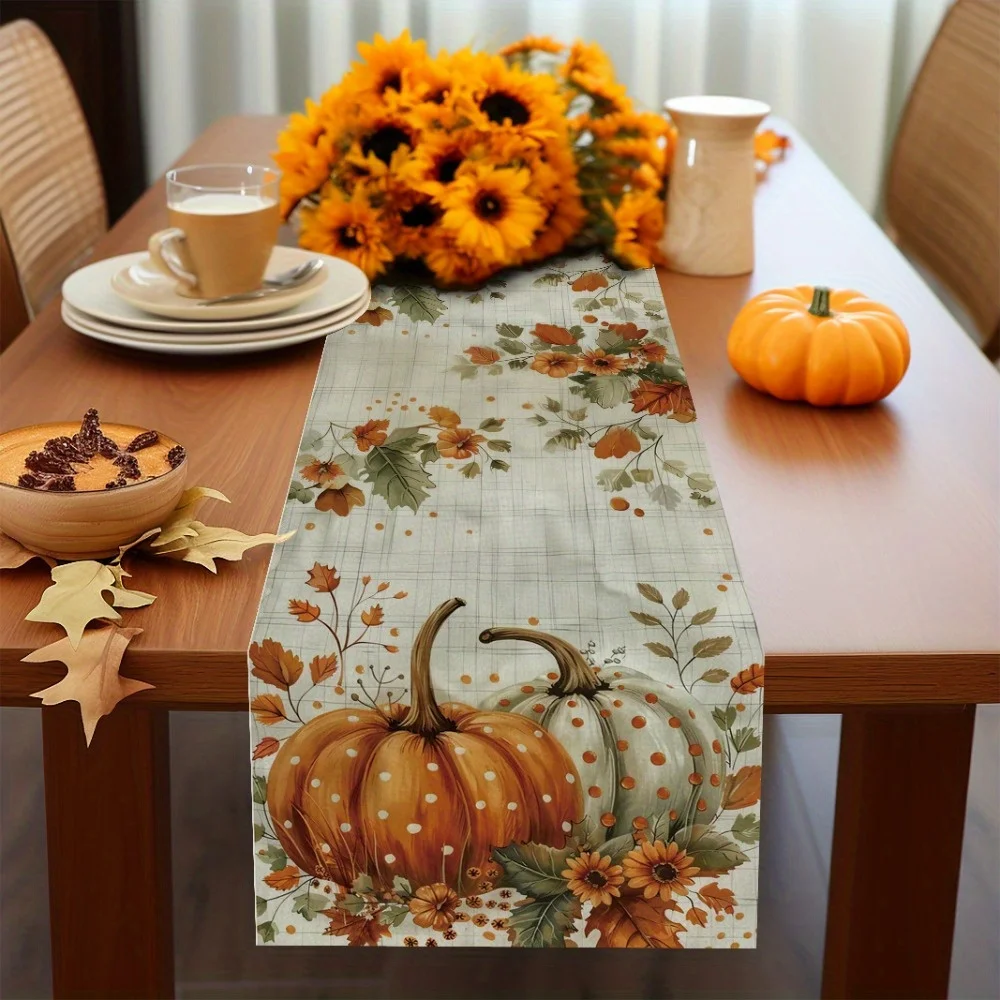 1 Piece of Pastoral Style Autumn Table Runner, Painted Polka Dot Pumpkin, Small Flower Leaf, Suitable for Restaurant, Home, Picnic, Harvest Party, Market Decoration.