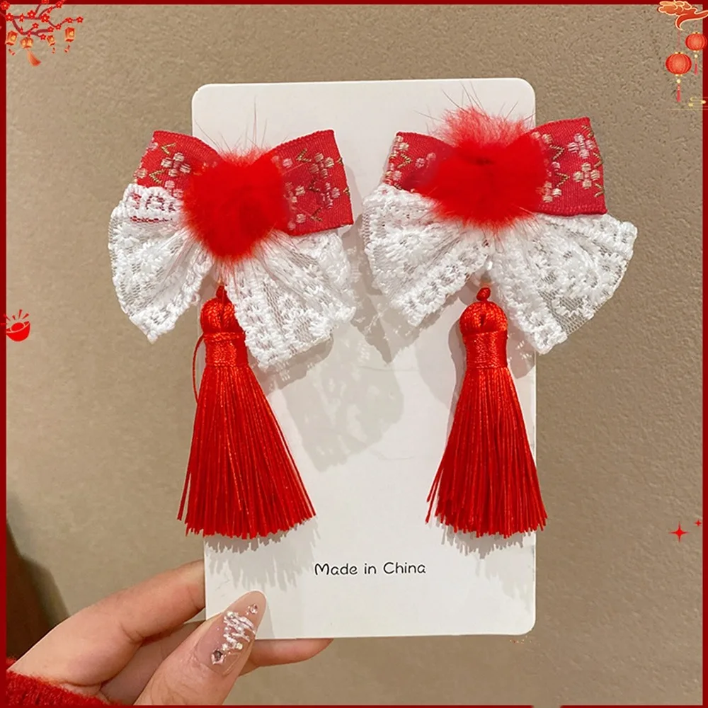 

Simple Tassel Children Red Bow Hairpin Cat Ears Plush Hanfu Hair Sticks Cloth Bowknot Chinese New Year Headwear Girls