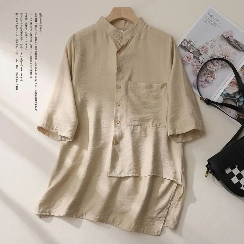 Chinese Style Cotton Linen Summer New Women\'s Stand Collar Button Spliced Asymmetrical Vintage Loose Three Quarter Shirt Blouse