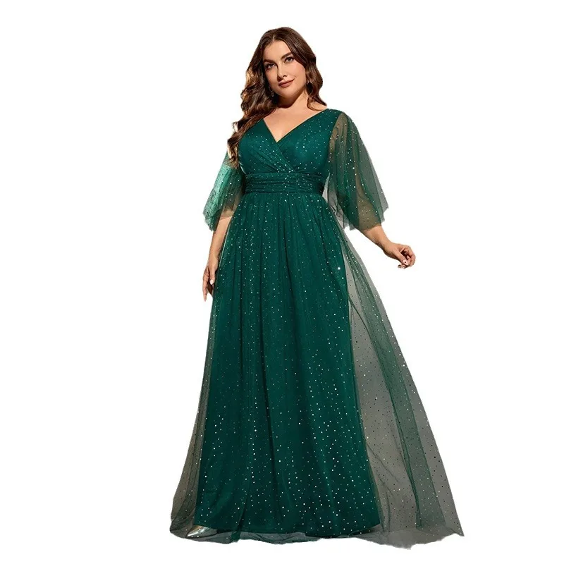 Ladies' shiny silk fabric with five quarter sleeves, lace collar, deep V-neck evening gown