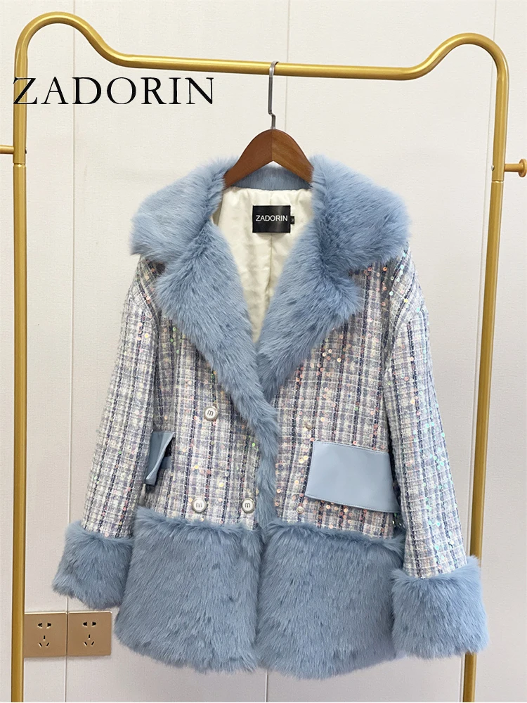 ZADORIN Korean Style Sequined Women Faux Fur Coat Splicing Tweed Warm Long Sleeve Loose Pink Blue Fluffy Jacket Fur Coats Women