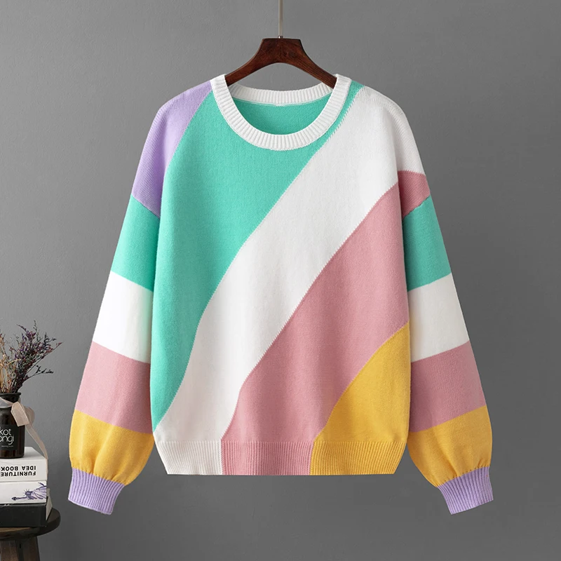 Fashion Oversized Stripe Stitching Pullovers Women Sweater Tops Autumn Winter Warm Ladys Pullover Knit Women Sweater Jumper