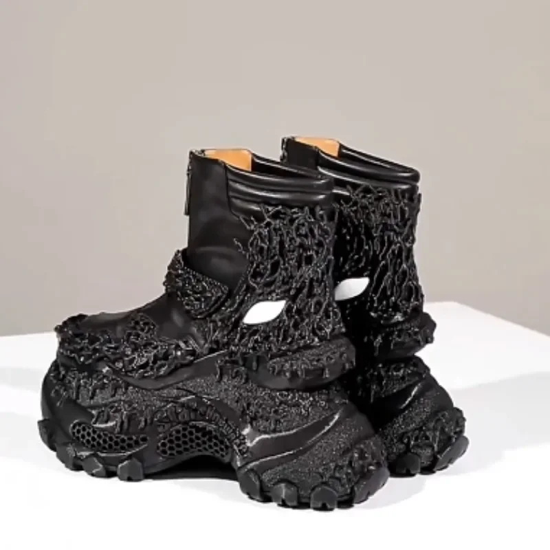 Original Designer 3D Printing Process Thick Soled Boots Shoes For Women's 11cm Elevated Dark Black Style Height Increasing Boots