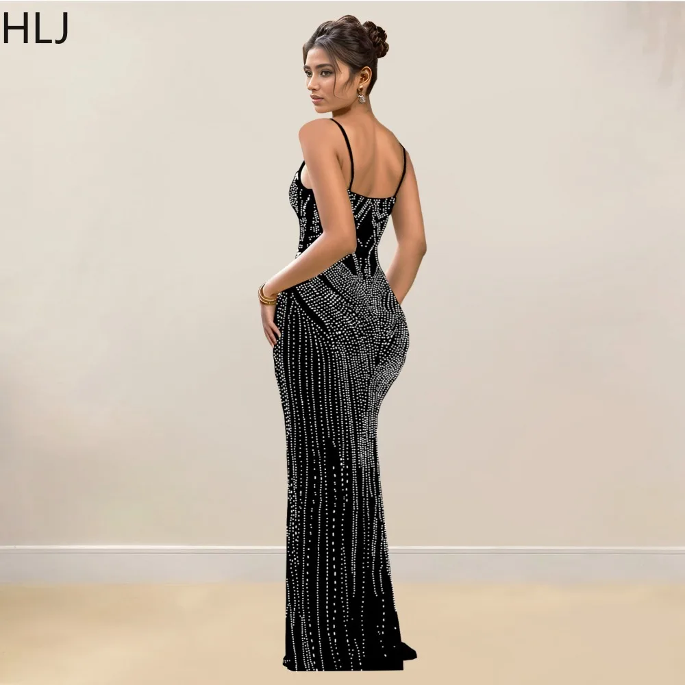 HLJ Fashion Luxury Rhinestones Bodycon Evening Party Spaghetti Strap Long Dress Women V Neck Sleeveless Sleeveless Slim Vestidos