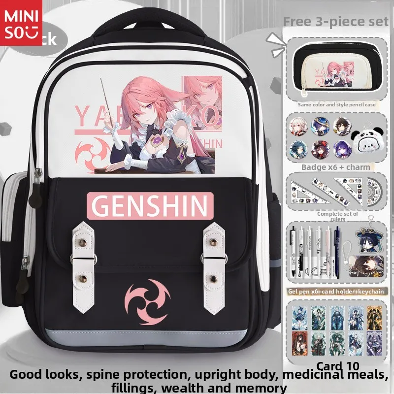 Miniso Genshin Impact Xiao Backpack, Large Anti-Hunchback Bookbag for Students, Scaramouche Hu Tao Anime