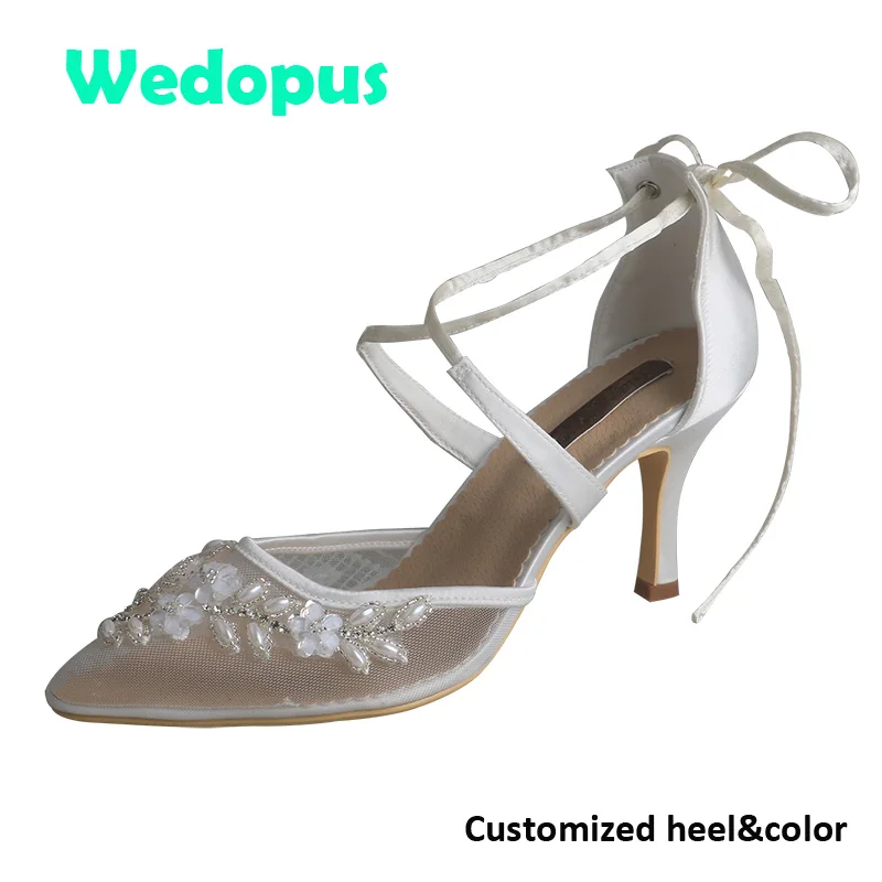 Wedopus Customized Wedding Woman Shoe Ivory Mesh with Pearl Rhinestone Applique Pointed Toe Bridal Shoes Lace-up