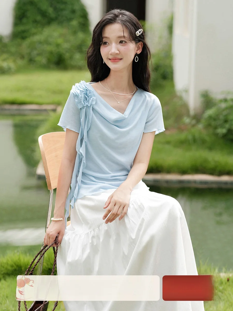 

Белый топ с синими бретелями и коротким рукавом, комплект из двух предметов, летний наряд для женщин, винтажный, художественный, брендовый, повседневный, с круглым вырезом